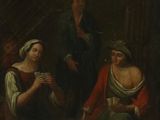 un vieux tableau représentant un homme et deux femmes assis dans une pièce