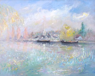 pastel painting of a river scene with a boat in the foreground