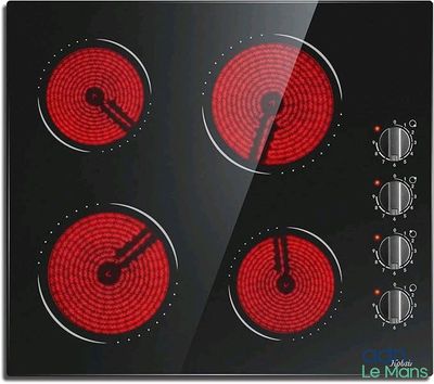 une photo d'une plaque de cuisson noire et rouge à quatre feux