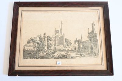 un vieux dessin représentant un château, encadré dans un cadre en bois accroché au mur