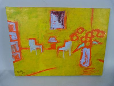 a painting of a yellow room with a vase of flowers