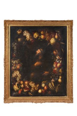 une image représentant un tableau où l'on voit un homme entouré de fruits et de légumes