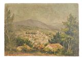 a painting of a landscape with houses and trees in the foreground