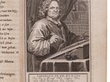 an old book with a picture of a man writing on it