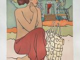 a painting of a woman sitting on the beach with a bag