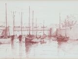 dessin représentant des bateaux dans un port, avec des bâtiments en arrière-plan