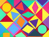 a painting of a colorful geometric design with a sun in the background