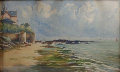 un tableau représentant une maison au bord de l'eau