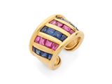 un gros plan d'une bague en or sertie de pierres roses et bleues