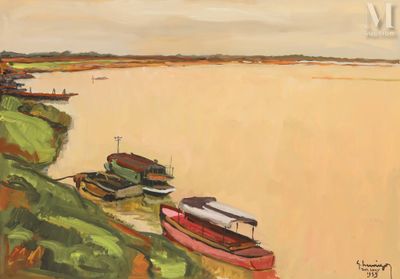 un tableau représentant plusieurs bateaux au bord d'un lac