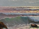a painting of a man on a surfboard in the ocean