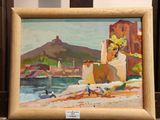 une peinture à l'huile représentant une scène de plage, dans un cadre en bois, posée sur une chaise