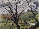 a painting of a tree in a field with a river in the foreground