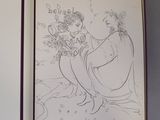un dessin représentant une femme assise sur un banc à côté d'un vase de fleurs
