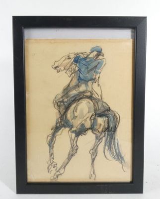painting of a man riding a horse in a black frame