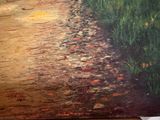 a painting of a person walking down a path with an umbrella