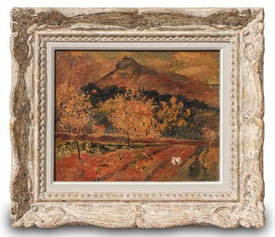 a painting of a landscape with trees and a mountain in the background