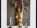 painting of a naked woman holding a bowl over her head
