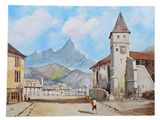 a painting of a town with a clock tower in the middle of it