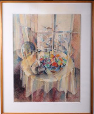 painting of a painting of a table with a bowl of fruit on it