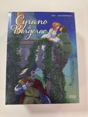 a book with a picture of a man and a woman sitting on top of a building