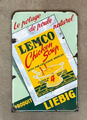 a sign on the side of a building advertising lemono chicken soup