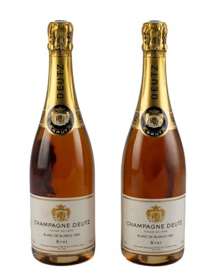 Deux bouteilles de champagne sont posées côte à côte sur une surface blanche.