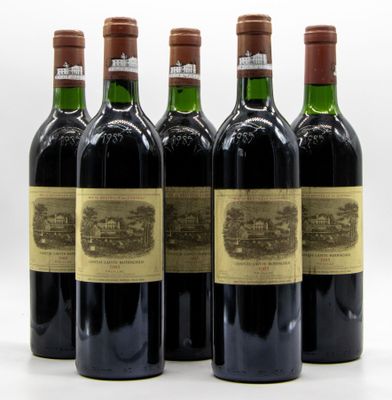 six bouteilles de vin sont alignées sur une surface blanche