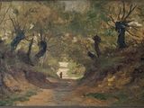 an image of a painting of a man walking down a dirt road