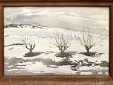 a picture of a painting of some trees in the snow