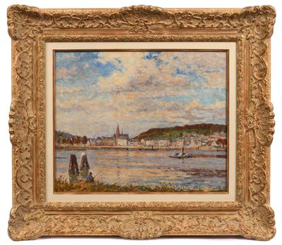 a painting of a river scene with boats and buildings in the background