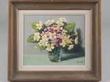 painting of flowers in a vase on a table with a gray background