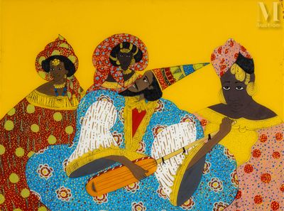 painting of three women with musical instruments on a yellow background