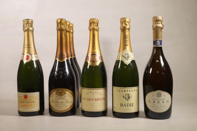 six bottles of champagne are lined up on a white surface
