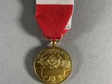 a gold medal with a red, white, and blue ribbon around it
