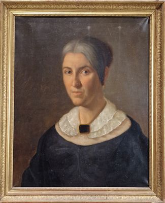 portrait of an old woman in a black dress with a white collar