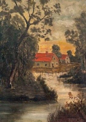 une peinture à l'huile représentant une maison au bord d'une rivière, avec un toit rouge