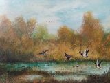 tableau représentant des canards survolant un étang dans une zone boisée
