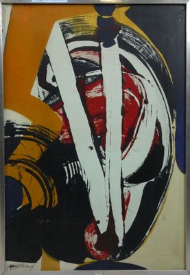 abstract painting of a man with a knife and a helmet in a silver frame