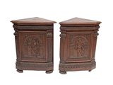 pair of antique carved wood side tables with reliefs