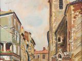une peinture à l'huile représentant une scène de rue avec un clocher d'église en arrière-plan