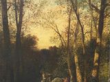 a picture of a painting of a man riding a horse in the woods