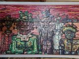peinture d'un groupe de personnes devant un bâtiment