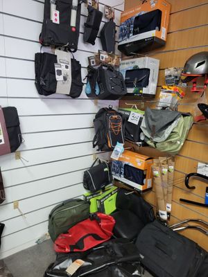 a room with a lot of luggage on the wall