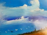 un tableau représentant des oiseaux volant dans le ciel au-dessus d'un champ