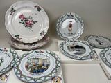 many plates that are sitting on a table