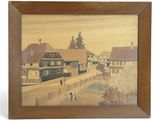 framed painting of a village scene with people walking on a street