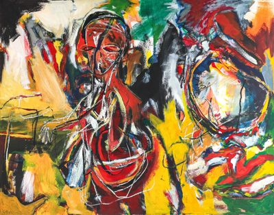 abstract painting of a woman and a man in a yellow room