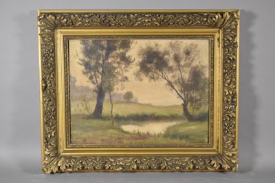 a painting of a landscape with trees and a river