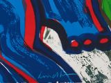 abstract painting of a blue and red horse with a red nose